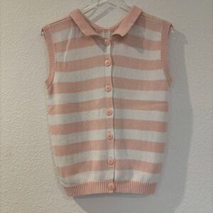 Y2K Vtg Womens Sleeveless Sweater M Pink Striped Button Up Back Ribbed Soft Girl